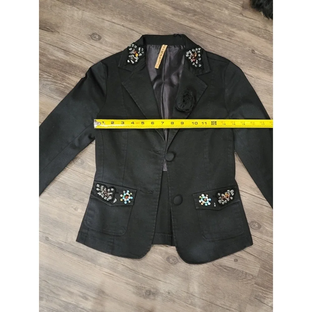 Zoompy Vintage Black Embellished Blazer Jacket Small Floral‎ Beaded Rosette